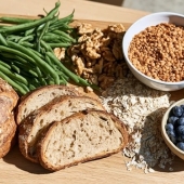 Volkorenbrood, sperziebonen, walnoten, havervlokken, linzen, blauwe bessen en een peer op een houten plank